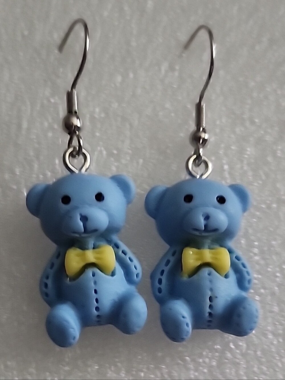 Hand Crafted Blue Teddy Bear Earrings with Yellow Bow